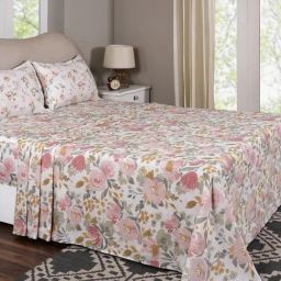 Maspar Florencia Mustard Cotton Floral 300 TC Double Flat Bedsheet with 2 Pillow Cases-image-87