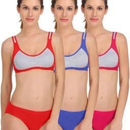 AROUSY Red & Blue Cotton Bra Panty Set - Pack Of 3-picture-0