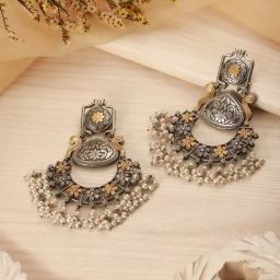 Saraf RS Jewellery Dual Tone Statement Silver Oxidised Pearl Beaded Floral Chand Bali Earring image 2