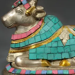 Exotic India Gold-Toned & Green Lord Nandi Religious Brass Idol Showpiece-picture-16
