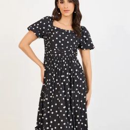 Styli Black Polyester Flared Printed Dresses-image-51