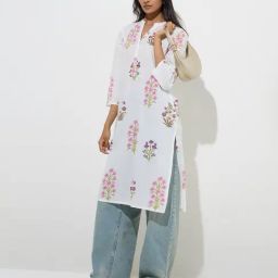Utsa by Westside White Floral Design Straight Cotton Kurta-image-19