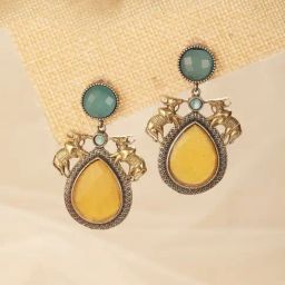 Saraf RS Jewellery Yellow Statement Silver Oxidised Stone Studded Bull Motif Drop Earring-0