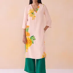 Ancestry Peach Crepe Floral 3/4Th Sleeve Kurta-picture-43