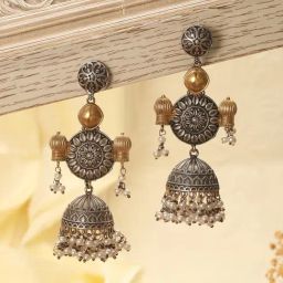 Saraf RS Jewellery Dual Tone Statement Silver Oxidised Fusion Lightweight Jhumki Earring-35
