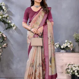 vj fashion Women Magenta Floral Zari Linen Simmer Saree-picture-58