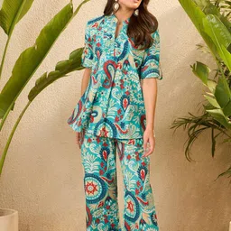 IMANA Printed Pure Cotton Mandarin Collared Tunic With Palazzos Co-Ords-picture-7
