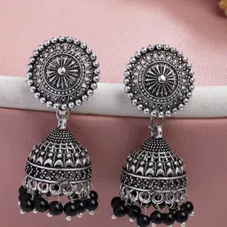 Anouk German Silver Plated Artificial Beaded Oxidised Dome Shaped Jhumkas-9