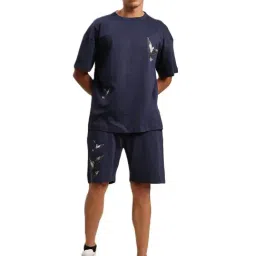 BENE KLEED Navy Cotton Loose fit Print T-Shirt-image-11
