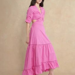 RAREISM Pink Cotton Blend Solid Short Sleeves Dress-image-93