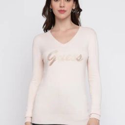 Guess Light Pink Embellished V-Neck Full Sleeve Sweater-picture-23