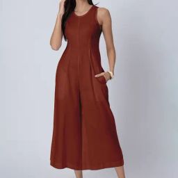 Moomaya Rust Brown Cotton Regular Fit Jumpsuit-29