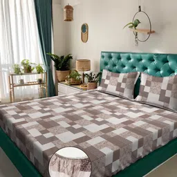 Klotthe Brown Geometric 400 TC Pure Cotton Fitted Double Bedsheet with 2 Pillow Covers-picture-11