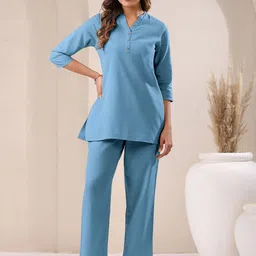 Janasya Pure Cotton V Neck Tunic & Trousers Co-ords-picture-53