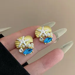 FIMBUL Gold Plated Artificial Stones Studded & Beaded Quirky Studs image 3