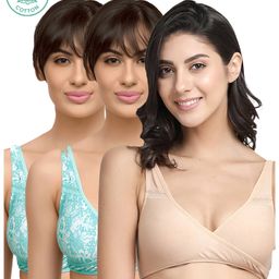 Inner Sense Floral Lace Organic Antimicrobial Sleeping/Feeding Bra Pack Of 3 - Blue-image-79