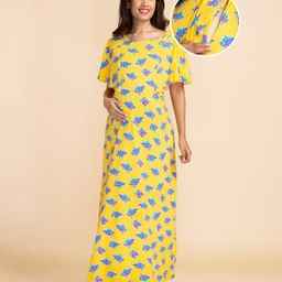 Bella Mama Cotton Knit Half Sleeves Floral Printed Nursing & Maternity Nighty - Yellow-image-92