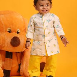 Vastramay Full Sleeves All Over Baby Giraffe & Monkey With Bird Printed Kurta With Pyjama - White & Yellow-image-89
