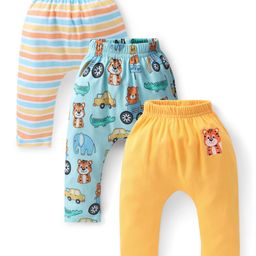 Babyhug Cotton Knee Length Diaper Pants Striped & Wild Animals Printed Pack of 3 - Yellow & Blue-image-71