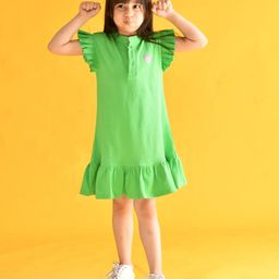 Anthrilo Cap Sleeves Heart Printed Bottom Frilled Dress - Green-image-6