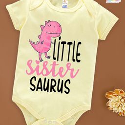 babywish Raksha Bandhan Theme Cotton Spun Half Sleeves Little Sister Text & Dinosaur Printed Onesie - Lemon Yellow-image-15