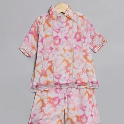 READIPRINT Three Fourth Sleeves Water Color Effect Floral Printed & Gota Lace Embellished Kurta With Coordinating Palazzo - Peach-picture-7