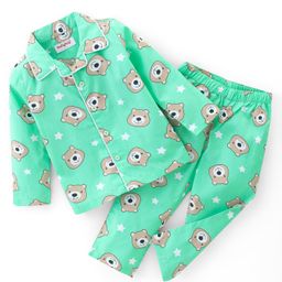 Babyhug Cotton Poplin Woven Full Sleeves Night Suit Bear Print - Green-image-91