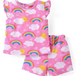 Babyhug Cotton Knit Frill Sleeves Night Suit With Rainbow Print - Pink-picture-41