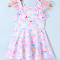 Kookie Kids Half Sleeves Frock  Swimsuit with Heart & Star  Print -  Multicolor-image-84