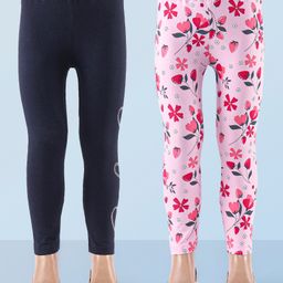 Honeyhap Premium  95% Cotton 5% Elastane Full Length Leggings With Bio Finish Floral & Hearts Print Pack of 2 - Rose Pink & Navy Peone-image-18