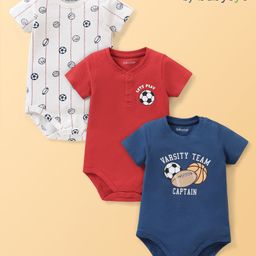 Babyoye 100% Cotton With Eco Jiva Finish Half Sleeves Onesies With Varsity Theme Print Pack Of 3 - White Red & Blue-image-39