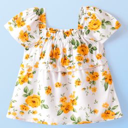 Babyhug Rayon Woven Half Sleeves Floral Printed Top with Smoking & Frill Detailing - Off White-image-45