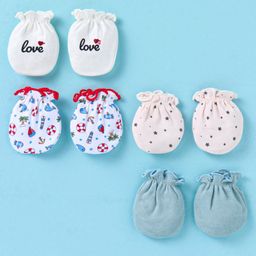 Ben Benny Interlock 100% Cotton Knit Mittens Solid Stars & Text Print Pack of 4 - Grey Pink & White-10