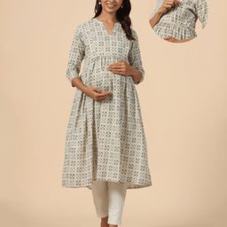CRAFIQA Three Fourth Sleeves Abstract Printed Maternity Kurta With Concealed Zipper Nursing Access - Grey Blue-picture-4
