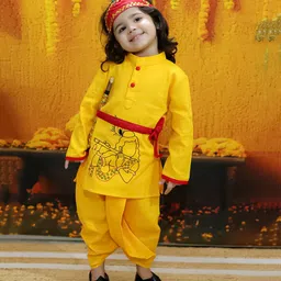 BownBee Full Sleeves Janmashtami Theme Krishna Costume Set - Yellow-picture-11