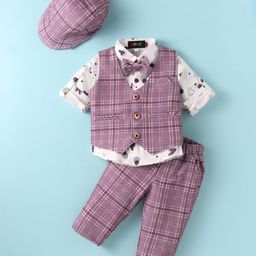 Robo Fry Lycra Knit Full Sleeves Printed 3 Piece Party Suit With Bow & Hat - Lilac-image-79