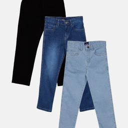 Kiddopanti Pack Of 3 Full Length Solid & Washed Stretchable Denim Jeans - Black Blue & Light Blue-image-67