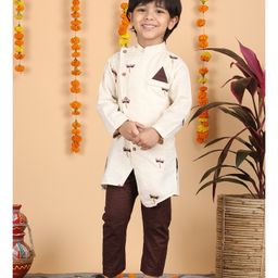 Polka Tots Cotton Full Sleeves Dragonfly Embroidered Kurta Pyjama Set - Cream-image-93