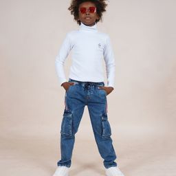 Kiddopanti Cotton Full Sleeves Solid Turtle Neck Tee & Denim Jeans - White & Blue-picture-16