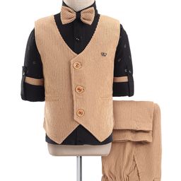Rikidoos Full Sleeves Abstract Printed Shirt With Textured Waistcoat Bow & Pant - Fawn & Black-image-54