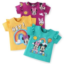 Babyhug Disney Single Jersey KnitHalf Sleeves Tops With Minnie & Friends Graphic & Frill Detailing Pack Of 3 - Yellow Purple-image-65