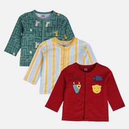 MINI KLUB Cotton Knit Pack Of 3 Full Sleeves Striped & Animals Printed Jhablas - Green Red & Yellow-image-73