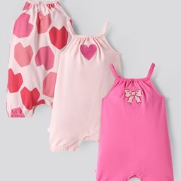 Bonfino 100% Cotton Knit Singlet Sleeves Rompers with Hearts Print & Embroidery Pack of 3 - Pink-image-13