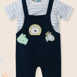 Nauti Nati Cotton Animal Patch Embroidered Dungaree With Half Sleeves Striped Tee - Blue-image-45