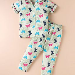 Doreme Single Jersey Knit Half Sleeves Night Suit With Butterfly Print - Off White-picture-47