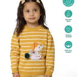 kids of greendeer Greendeer 100% Cotton Full Sleeves Baby Elephant Patch Embroidered & Striped Sweater - Mustard-picture-24