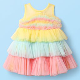 Babyhug Woven Sleeveless Mesh Party Dress With Color Block Design - Multicolor-image-2