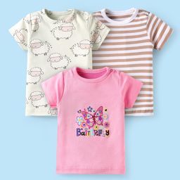 Kidi Wav Cotton Pack Of 3 Half Sleeves Striped & Butterfly Printed Tees - Multi Colour-image-82