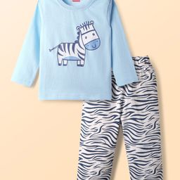 Babyhug Cotton Knit Full Sleeves Night Suit With Zebra Print - Light Blue-image-17