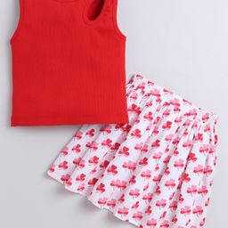 Aww Hunnie Cotton Rib Sleeveless Solid Top & Leaves Printed Skirt Set - Red-image-83